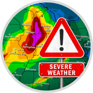 Color weather map with alert sign for severe weather